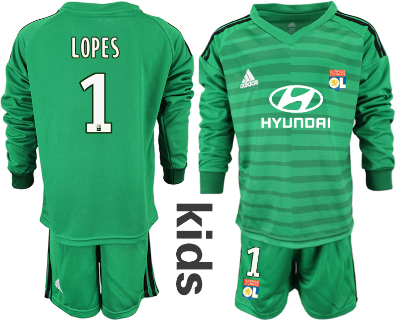 2018_2019 Club Olympique Lyonnais green long sleeve Youth goalkeeper #1 soccer jerseys